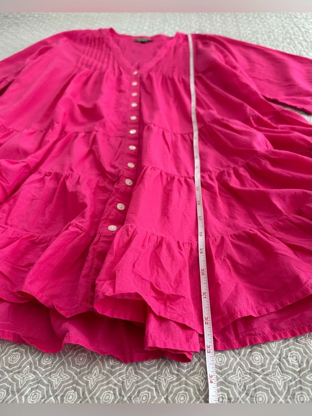 J. CREW Bright Pink Button Front Tiered Mini Dress Airy Cover-up Summer Size M